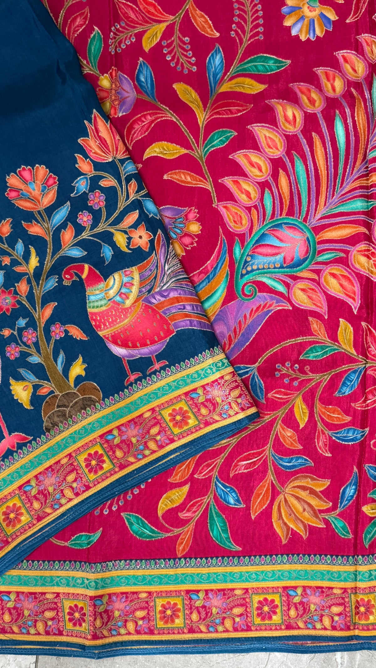 Kashmiri Pashmina Kani Silk Saree – Peacock Blue with Pink Contrast Blouse