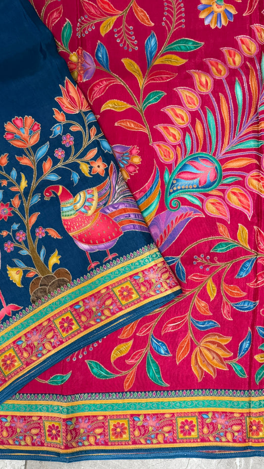 Kashmiri Pashmina Kani Silk Saree – Peacock Blue with Pink Contrast Blouse