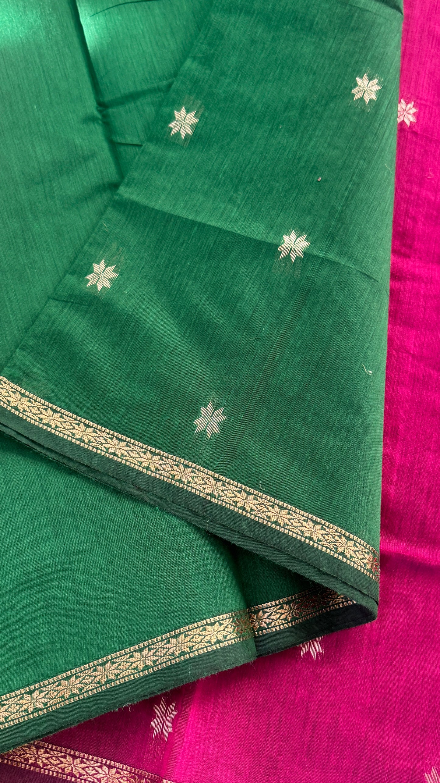 Maheshwari Silk Cotton Saree | Emerald Green With Pink