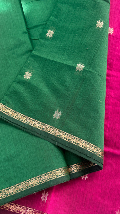 Maheshwari Silk Cotton Saree | Emerald Green With Pink