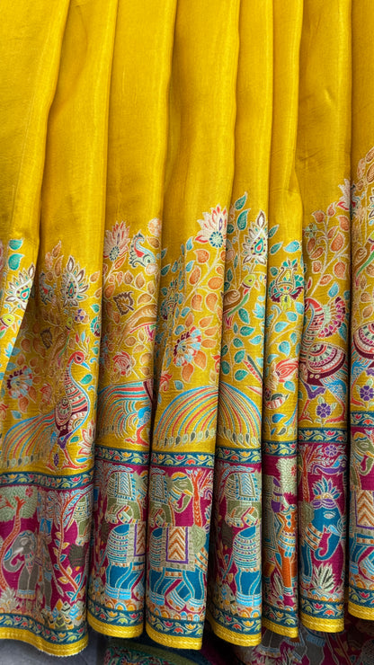 Kashmiri Pashmina Kani Silk Saree – Yellow with Pink Brocade Contrast Blouse