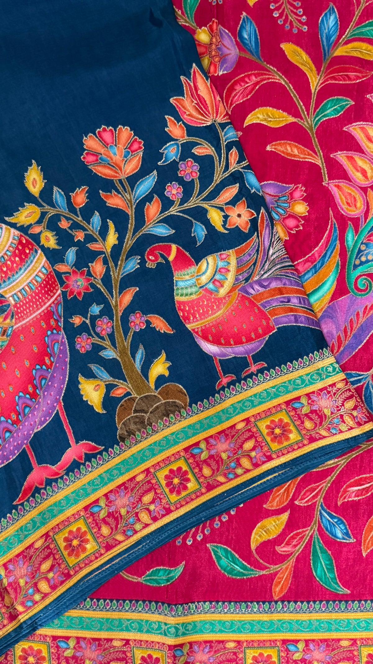 Kashmiri Pashmina Kani Silk Saree – Peacock Blue with Pink Contrast Blouse