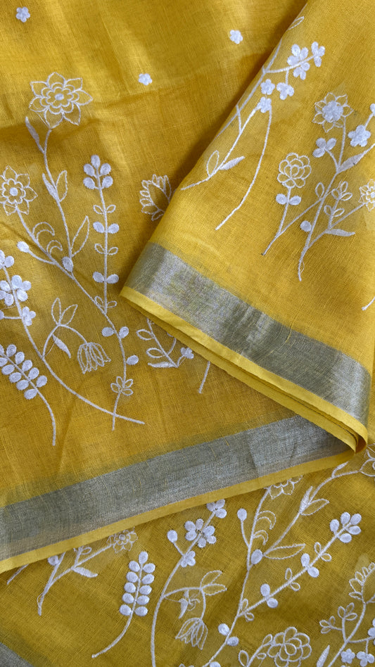 Pure Linen Saree – Sunshine Yellow with Silver Zari & Enbroidery