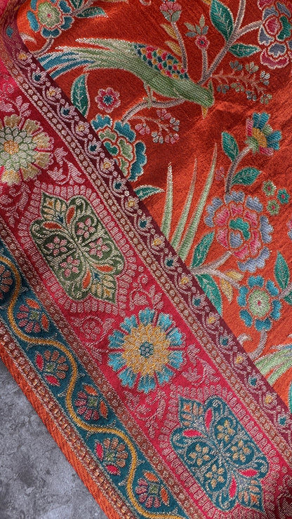 Kashmiri Pashmina Kani Silk Saree – Orange with Red Brocade Contrast Blouse