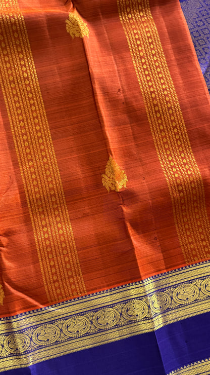 Vintage Wash Pure Kanchipuram Silk Saree – Rust with Royal Blue Contrast | Silk Mark Certified