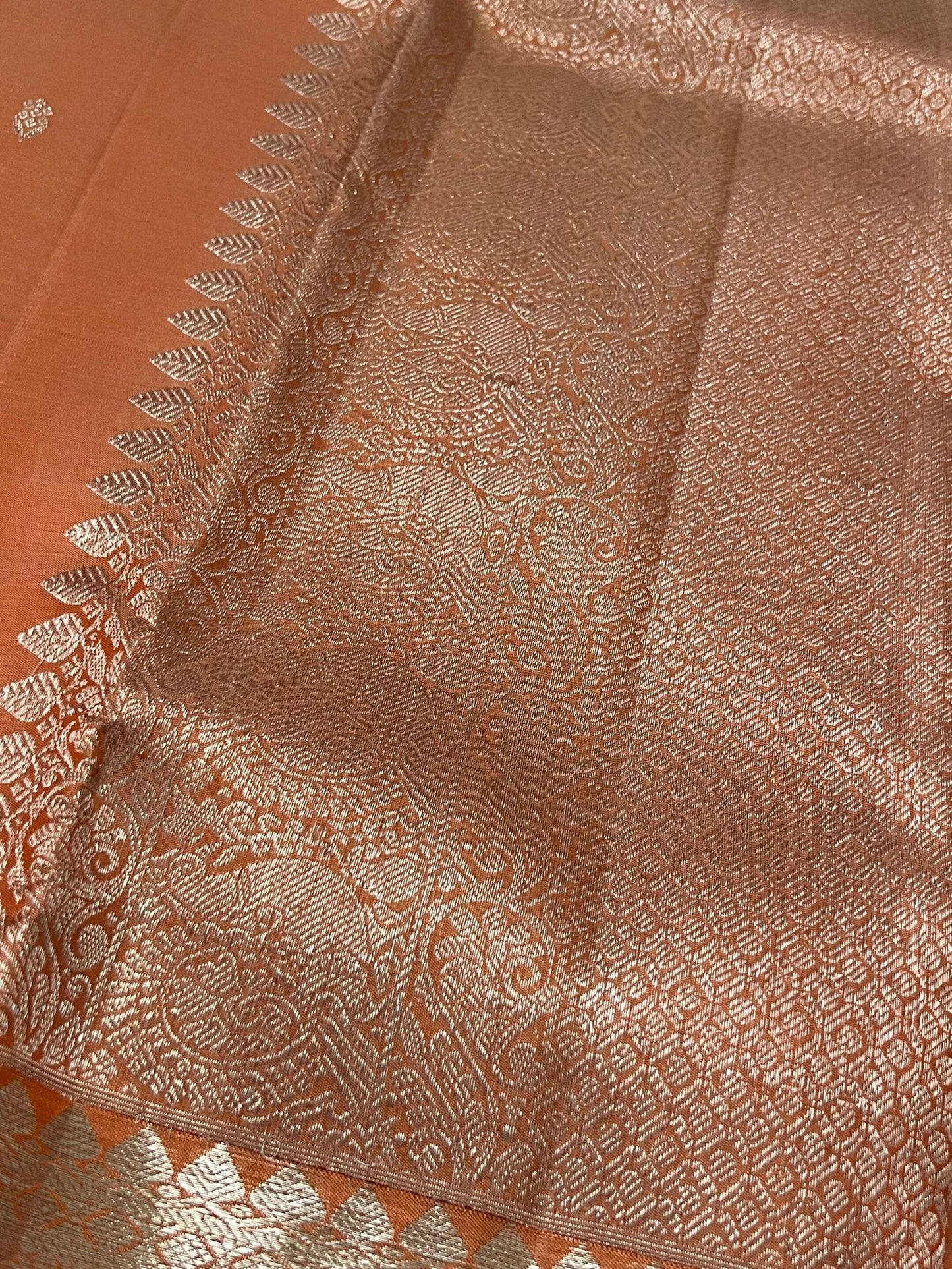 Dark Peach Pure Kanchipuram Silk Saree with Silver Zari Motifs Silk Mark Certified
