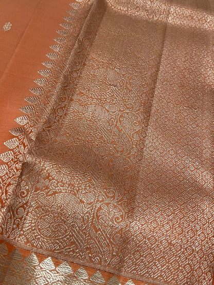 Dark Peach Pure Kanchipuram Silk Saree with Silver Zari Motifs Silk Mark Certified