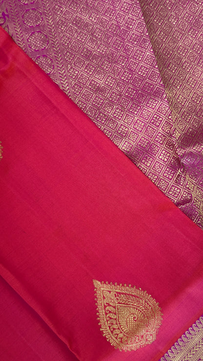 Vintage Wash Pure Kanchipuram Silk Saree – Orange with Magenta Pink | Silk Mark Certified