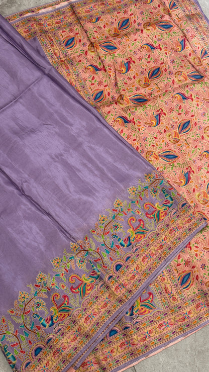 Kashmiri Pashmina Kani Silk Saree – Pastel Lavender with Peach Contrast Blouse