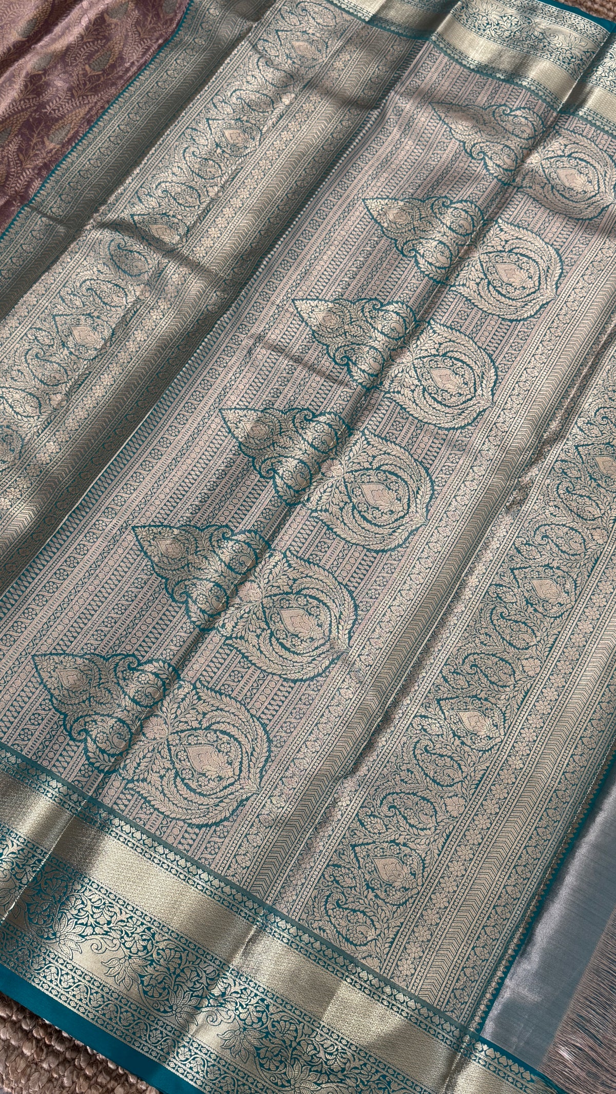 Semi Silk Mini Kanchivaram Tissue Saree – Dusty Mauve & Teal Green