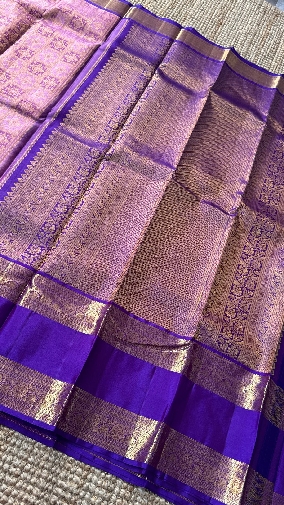 Vintage Wash Pure Kanchipuram Silk Saree – Pink with Royal Purple Contrast | Silk Mark Certified