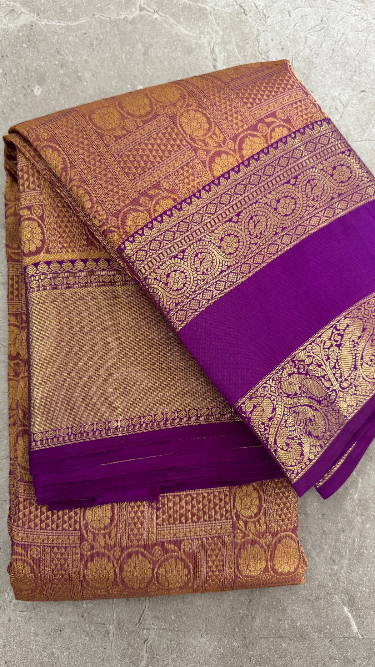 Vintage Wash Pure Kanchipuram Silk Saree – Gold with Royal Purple Contrast | Silk Mark Certified