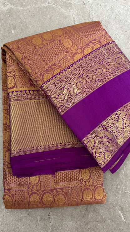 Vintage Wash Pure Kanchipuram Silk Saree – Gold with Royal Purple Contrast | Silk Mark Certified
