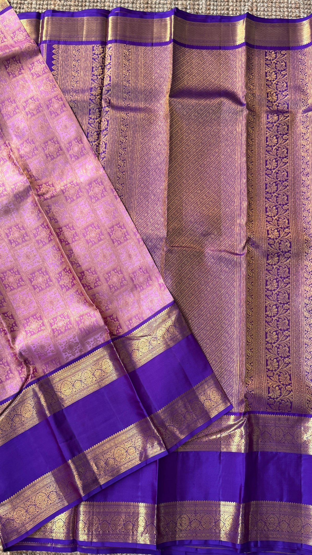 Vintage Wash Pure Kanchipuram Silk Saree – Pink with Royal Purple Contrast | Silk Mark Certified
