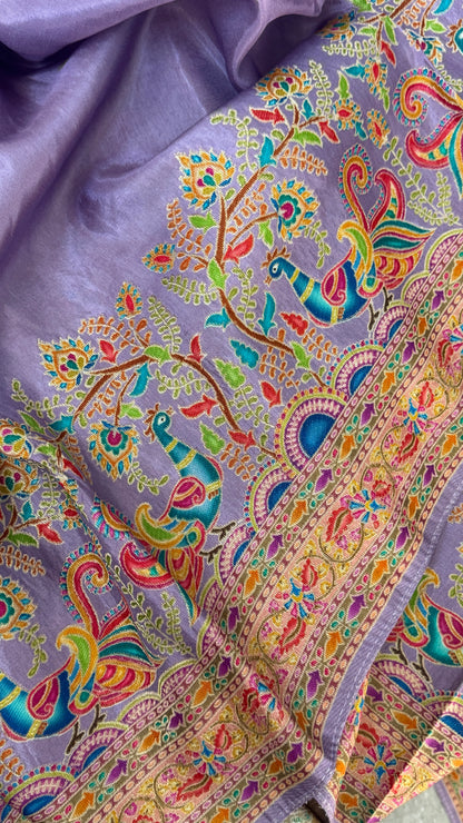 Kashmiri Pashmina Kani Silk Saree – Pastel Lavender with Peach Contrast Blouse