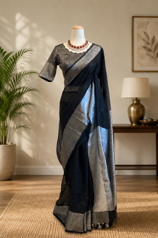 Pure Linen Silk Saree – Classic Black & Silver Dual Tone with Minimalist Border