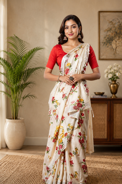Digital Printed Pure Linen Saree - Beige