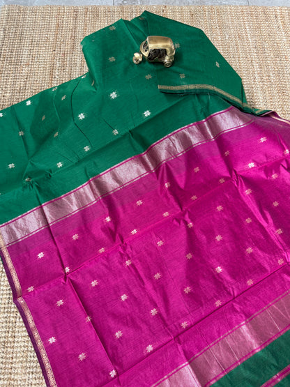 Maheshwari Silk Cotton Saree | Emerald Green With Pink