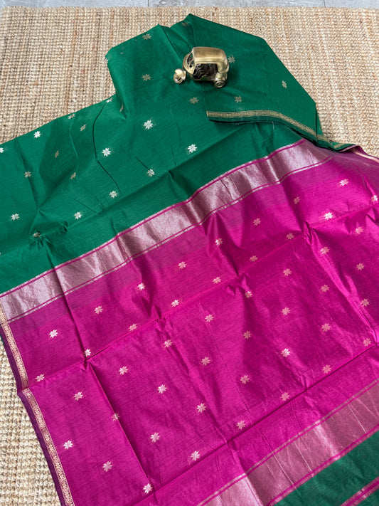 Maheshwari Silk Cotton Saree | Emerald Green With Pink