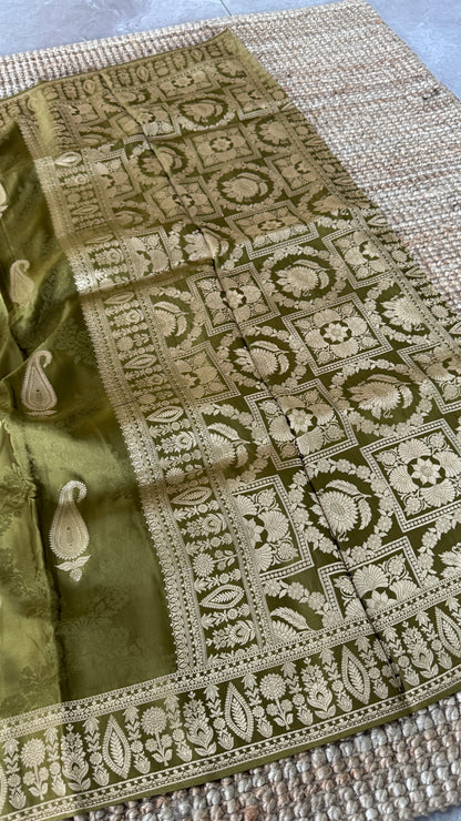 Mashru Silk Banarasi Saree – Olive Green