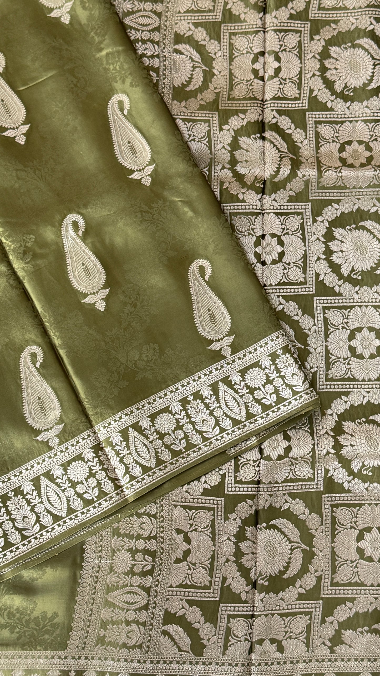 Mashru Silk Banarasi Saree – Olive Green