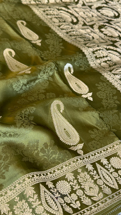 Mashru Silk Banarasi Saree – Olive Green