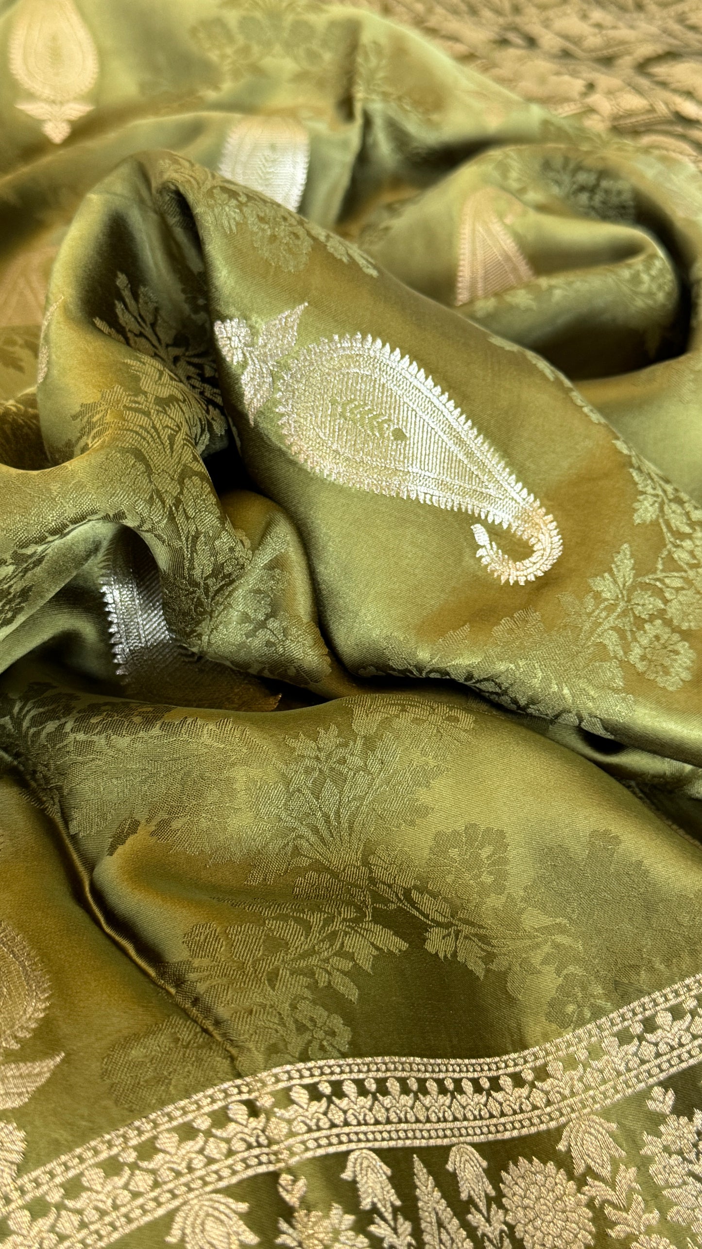 Mashru Silk Banarasi Saree – Olive Green