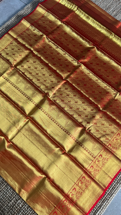 Gold & Red Pure Tissue Kanchipuram Silk Saree | Silk Mark Certified