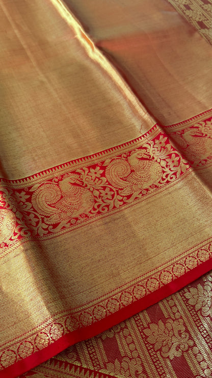 Gold & Red Pure Tissue Kanchipuram Silk Saree | Silk Mark Certified