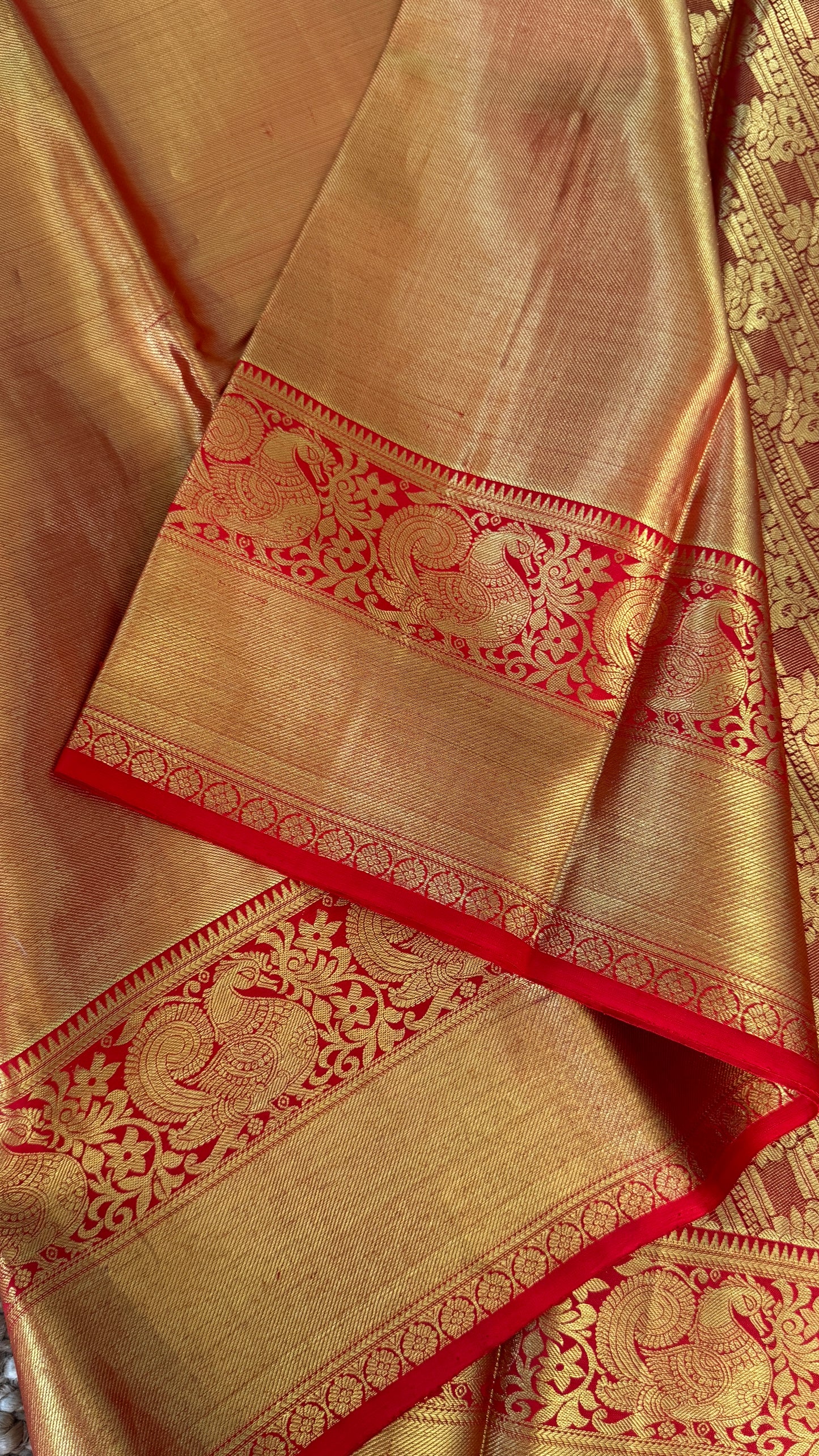 Gold & Red Pure Tissue Kanchipuram Silk Saree | Silk Mark Certified