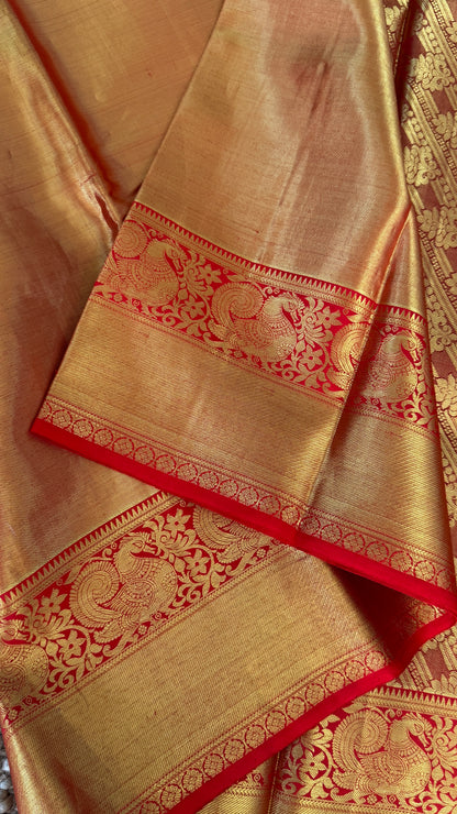Gold & Red Pure Tissue Kanchipuram Silk Saree | Silk Mark Certified