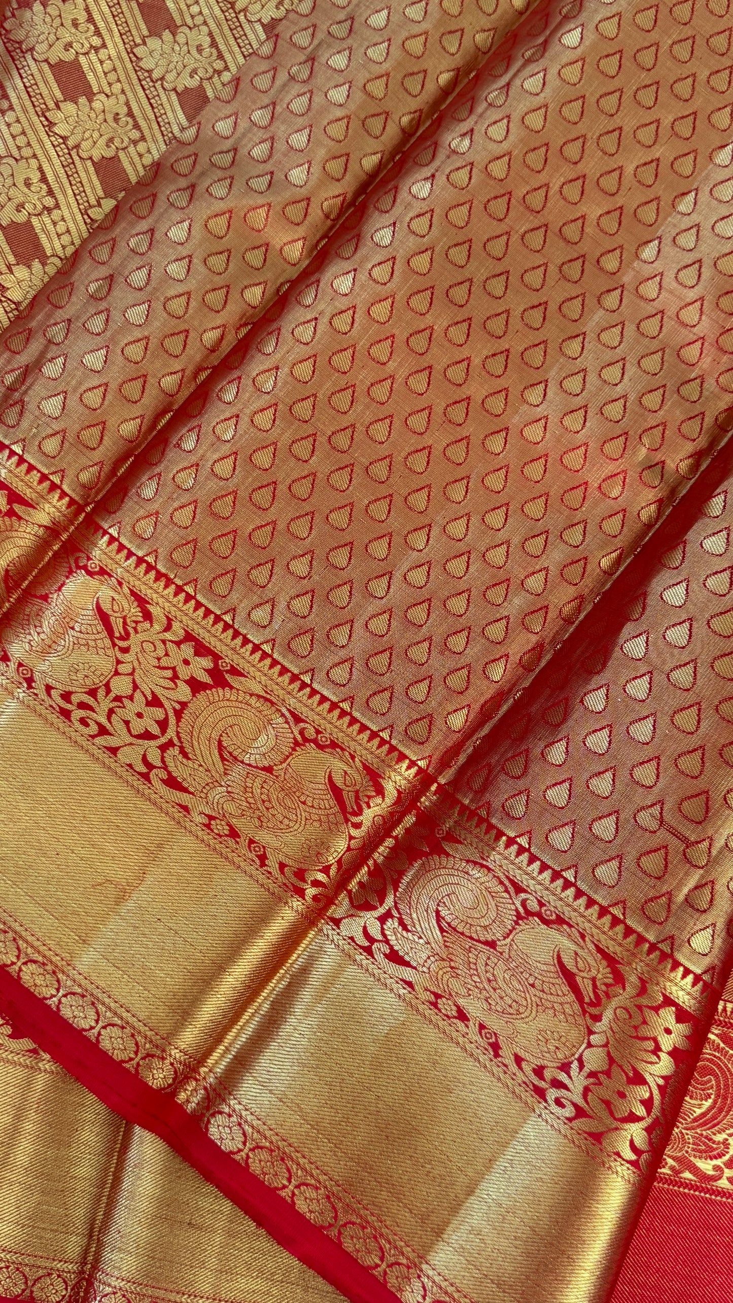 Gold & Red Pure Tissue Kanchipuram Silk Saree | Silk Mark Certified