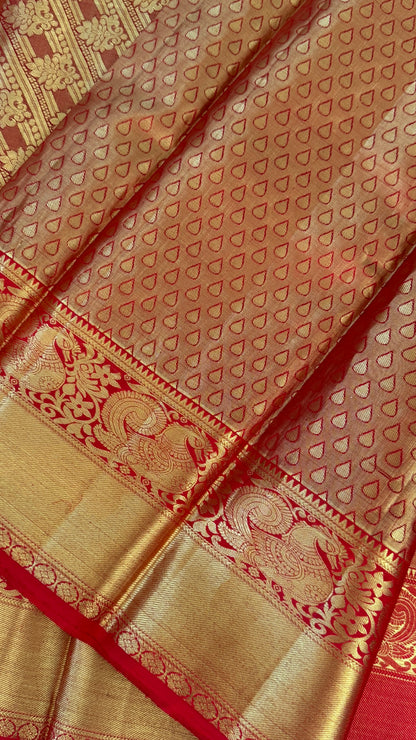 Gold & Red Pure Tissue Kanchipuram Silk Saree | Silk Mark Certified