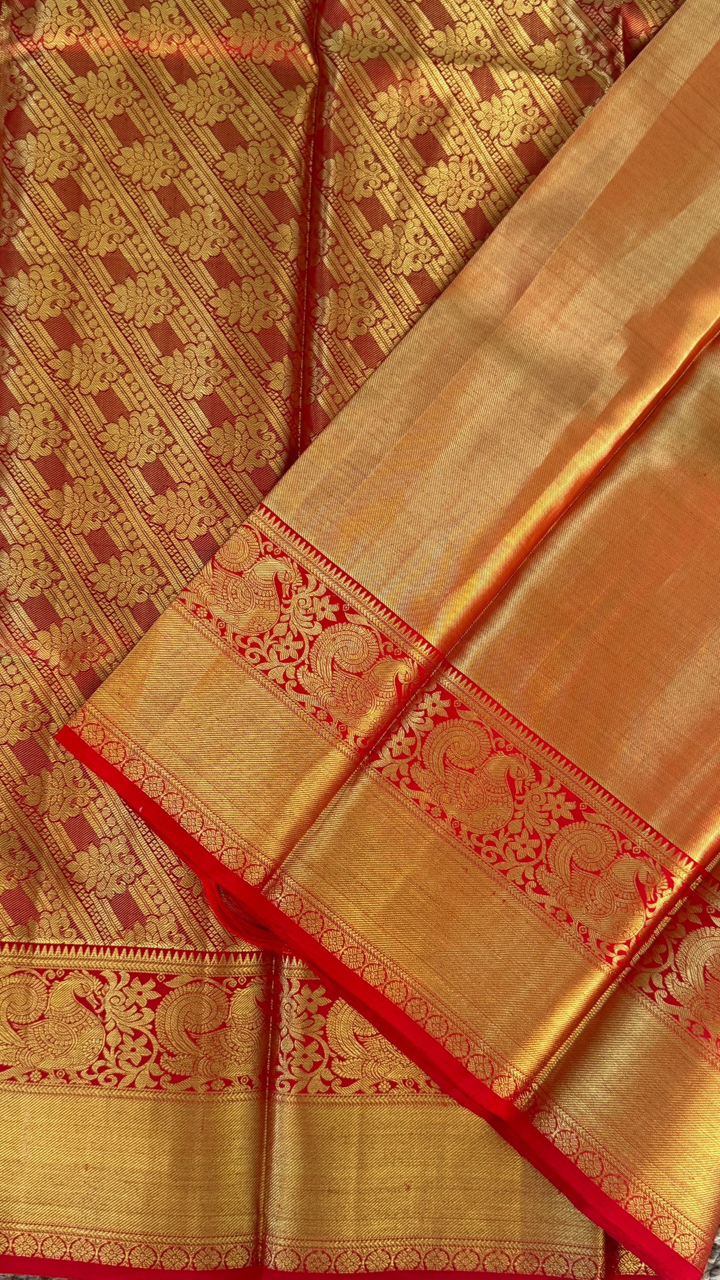 Gold & Red Pure Tissue Kanchipuram Silk Saree | Silk Mark Certified
