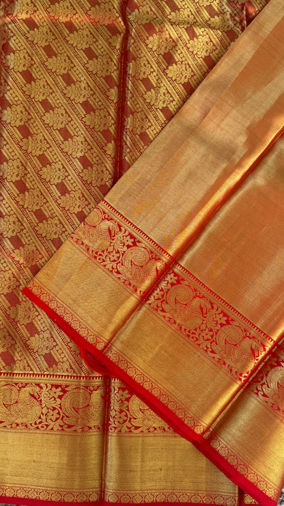 Gold & Red Pure Tissue Kanchipuram Silk Saree | Silk Mark Certified