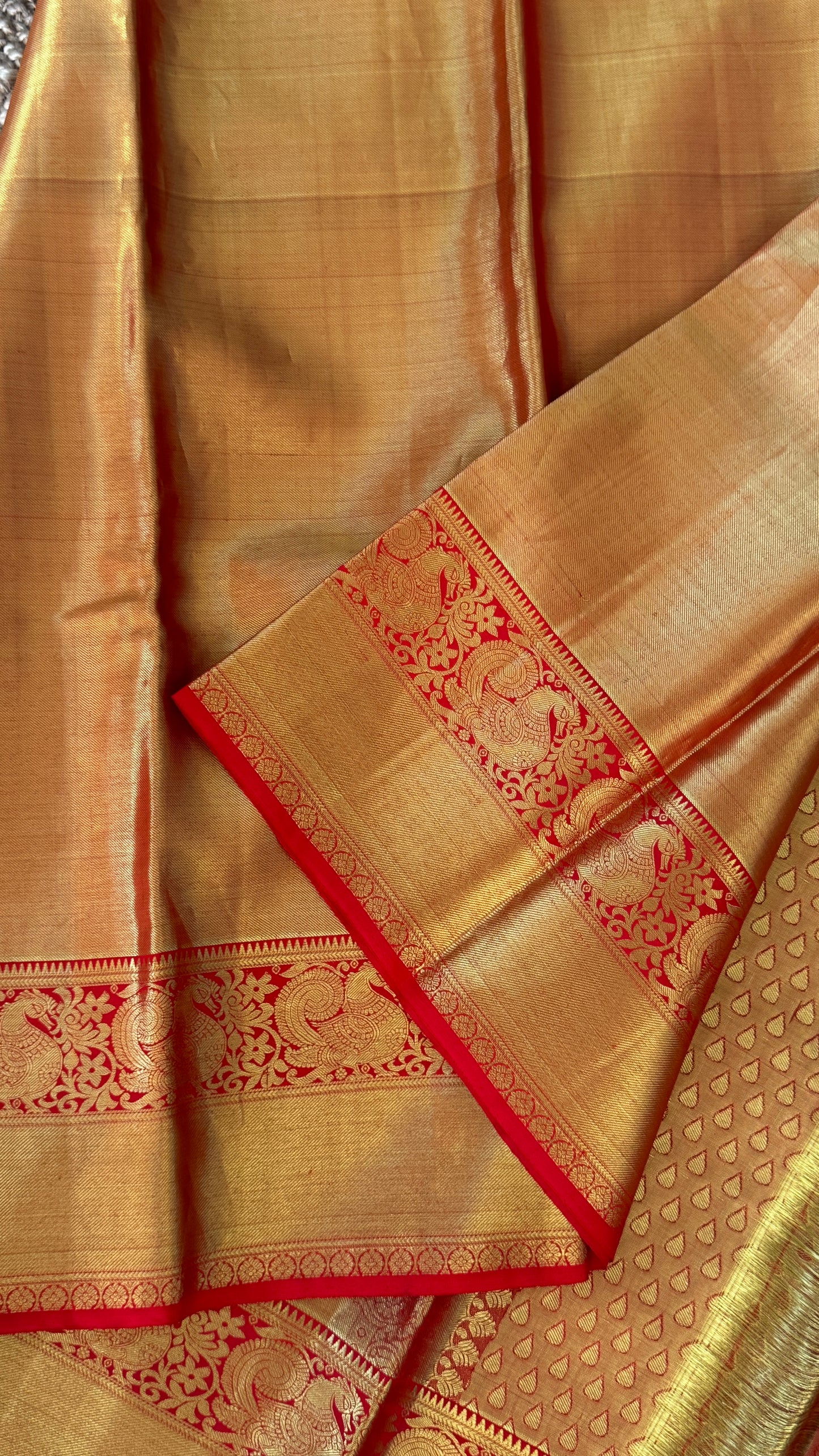 Gold & Red Pure Tissue Kanchipuram Silk Saree | Silk Mark Certified