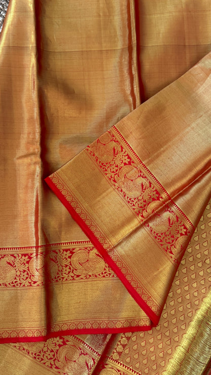 Gold & Red Pure Tissue Kanchipuram Silk Saree | Silk Mark Certified