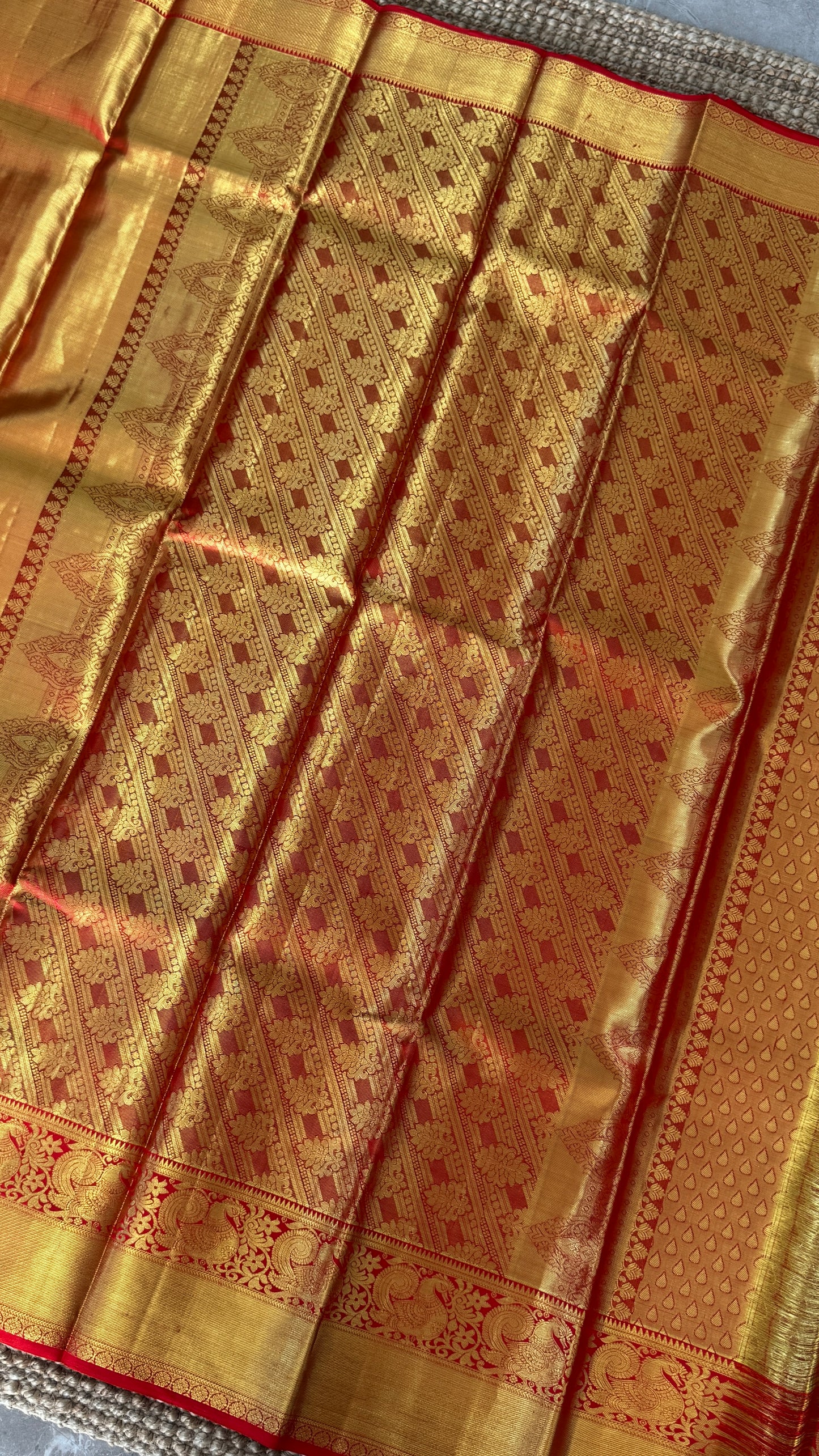 Gold & Red Pure Tissue Kanchipuram Silk Saree | Silk Mark Certified