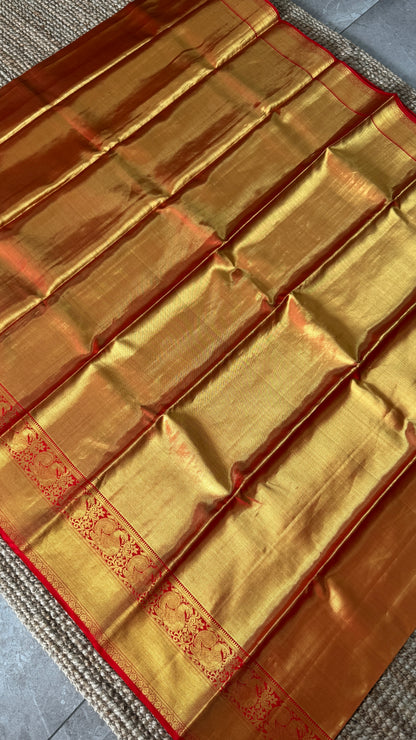Gold & Red Pure Tissue Kanchipuram Silk Saree | Silk Mark Certified