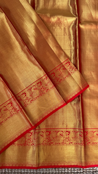 Gold & Red Pure Tissue Kanchipuram Silk Saree | Silk Mark Certified