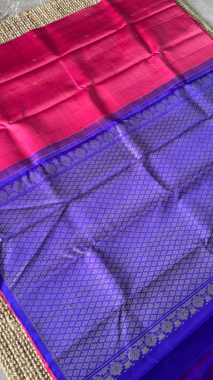 Pink Pure Kanchipuram Silk Saree with Royal Blue Contrast | Silk Mark Certified