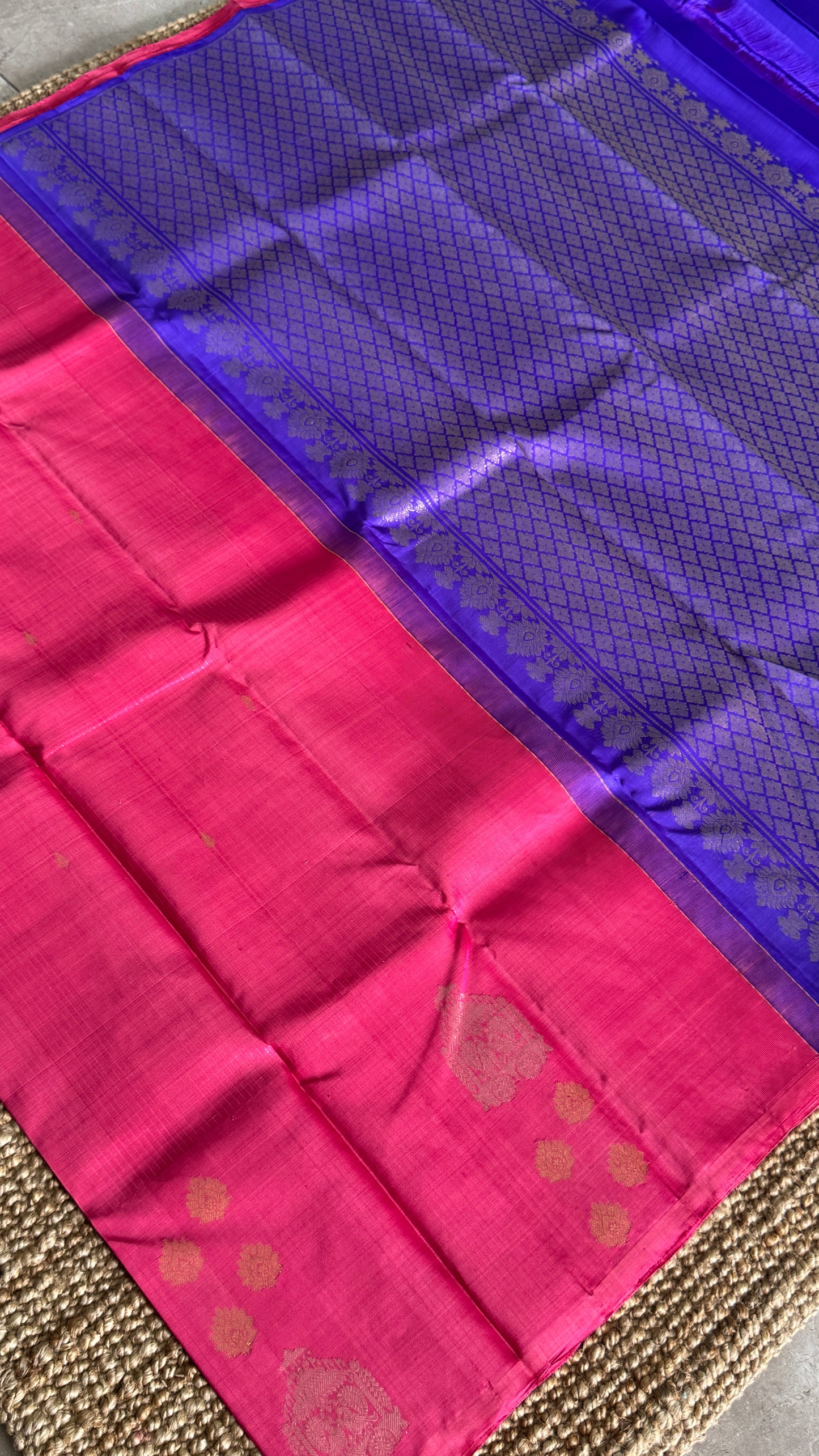 Pink Pure Kanchipuram Silk Saree with Royal Blue Contrast | Silk Mark Certified