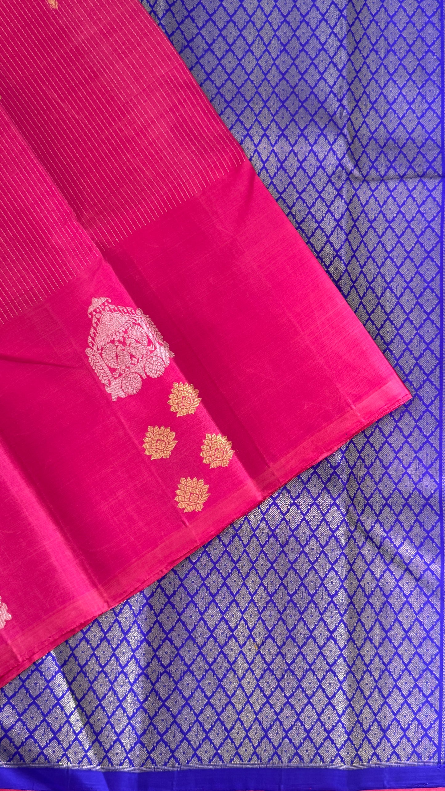 Pink Pure Kanchipuram Silk Saree with Royal Blue Contrast | Silk Mark Certified