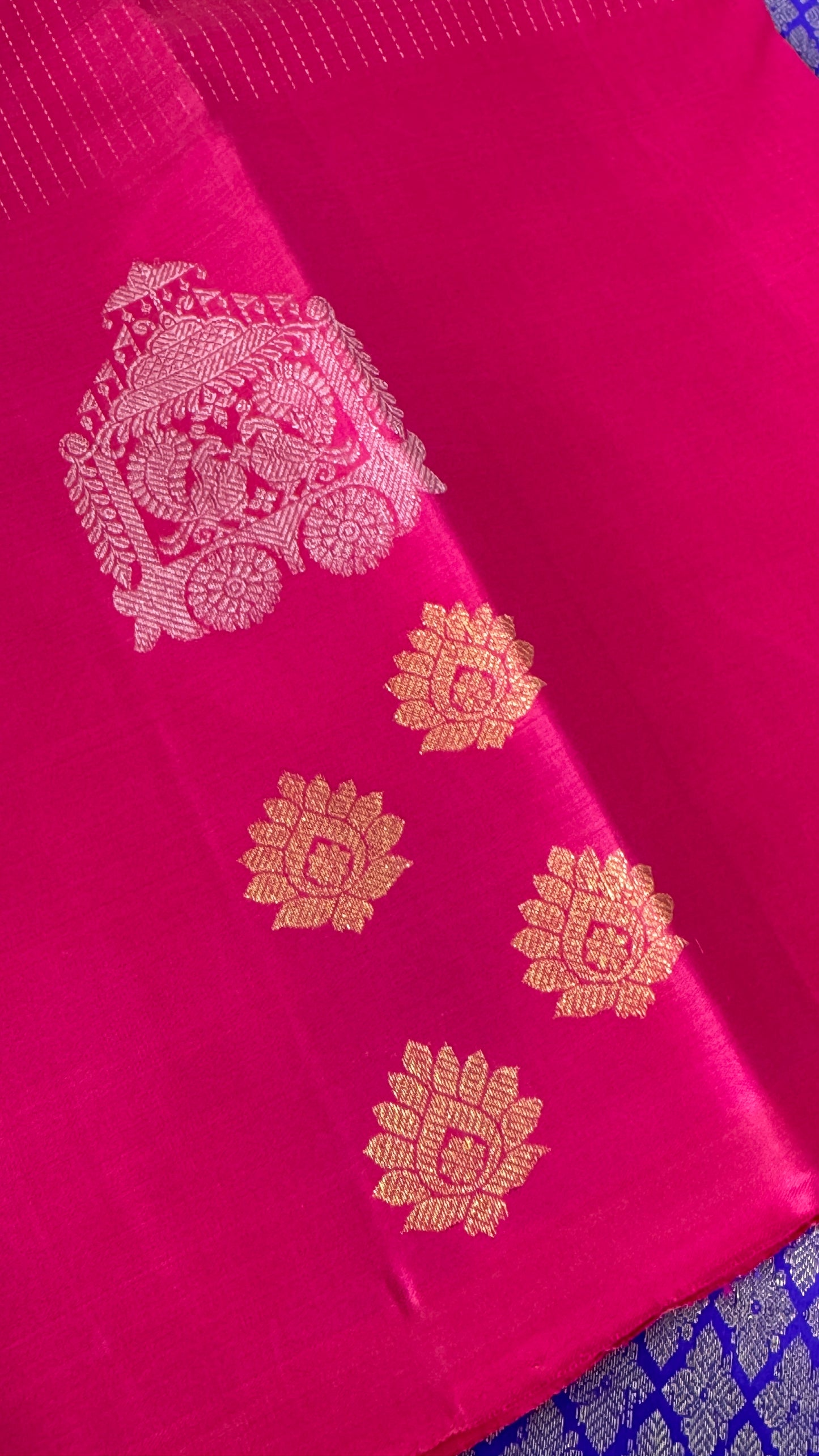 Pink Pure Kanchipuram Silk Saree with Royal Blue Contrast | Silk Mark Certified