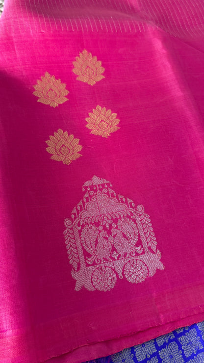 Pink Pure Kanchipuram Silk Saree with Royal Blue Contrast | Silk Mark Certified