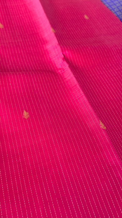 Pink Pure Kanchipuram Silk Saree with Royal Blue Contrast | Silk Mark Certified