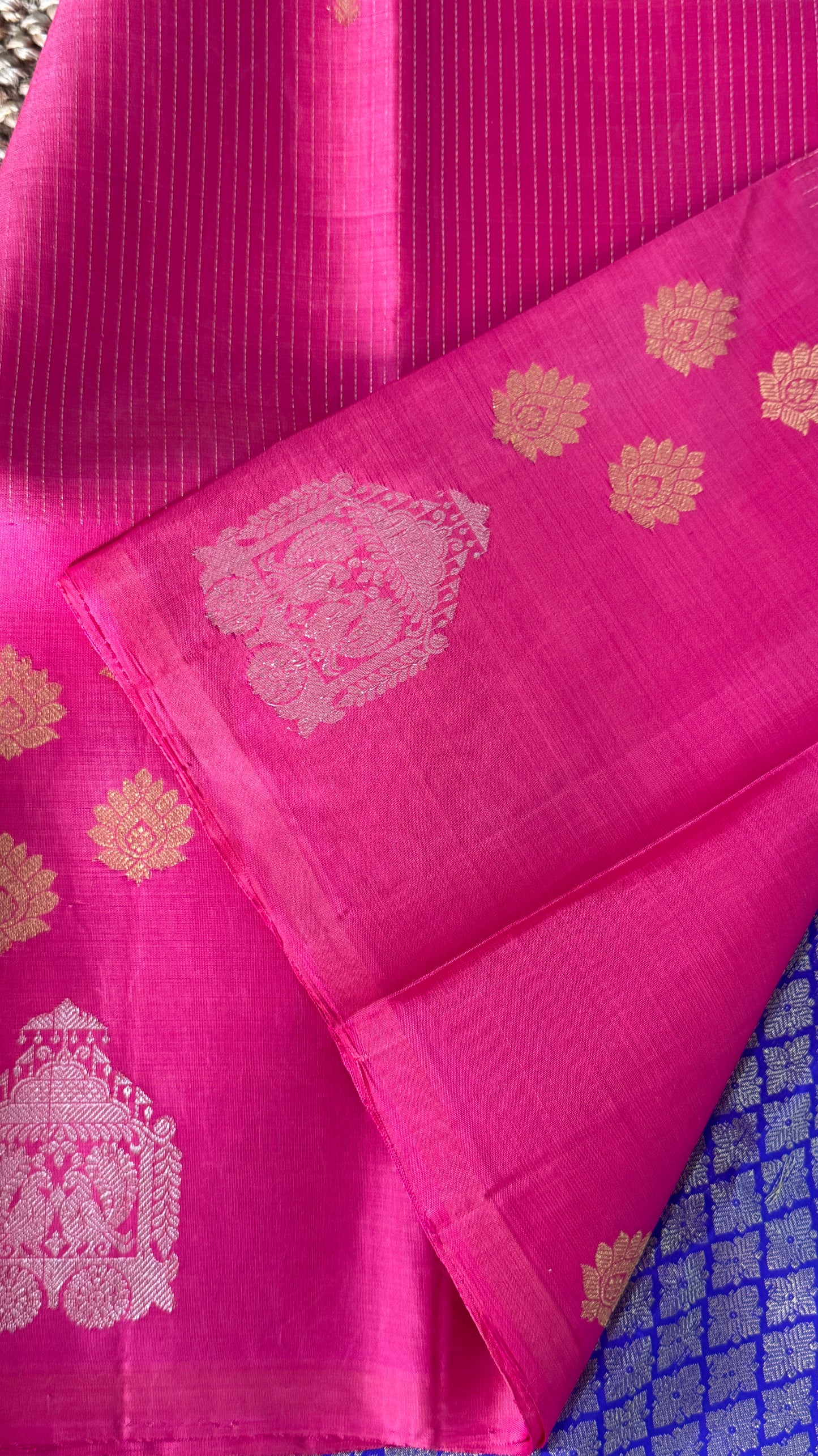 Pink Pure Kanchipuram Silk Saree with Royal Blue Contrast | Silk Mark Certified