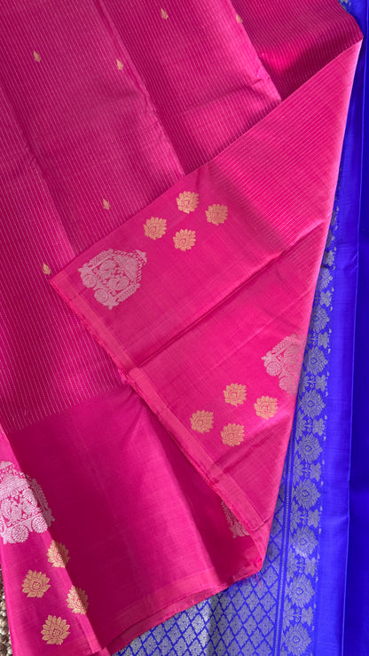 Pink Pure Kanchipuram Silk Saree with Royal Blue Contrast | Silk Mark Certified