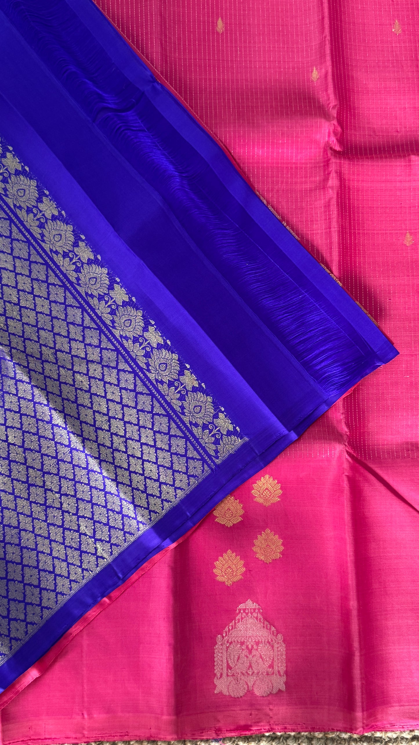 Pink Pure Kanchipuram Silk Saree with Royal Blue Contrast | Silk Mark Certified