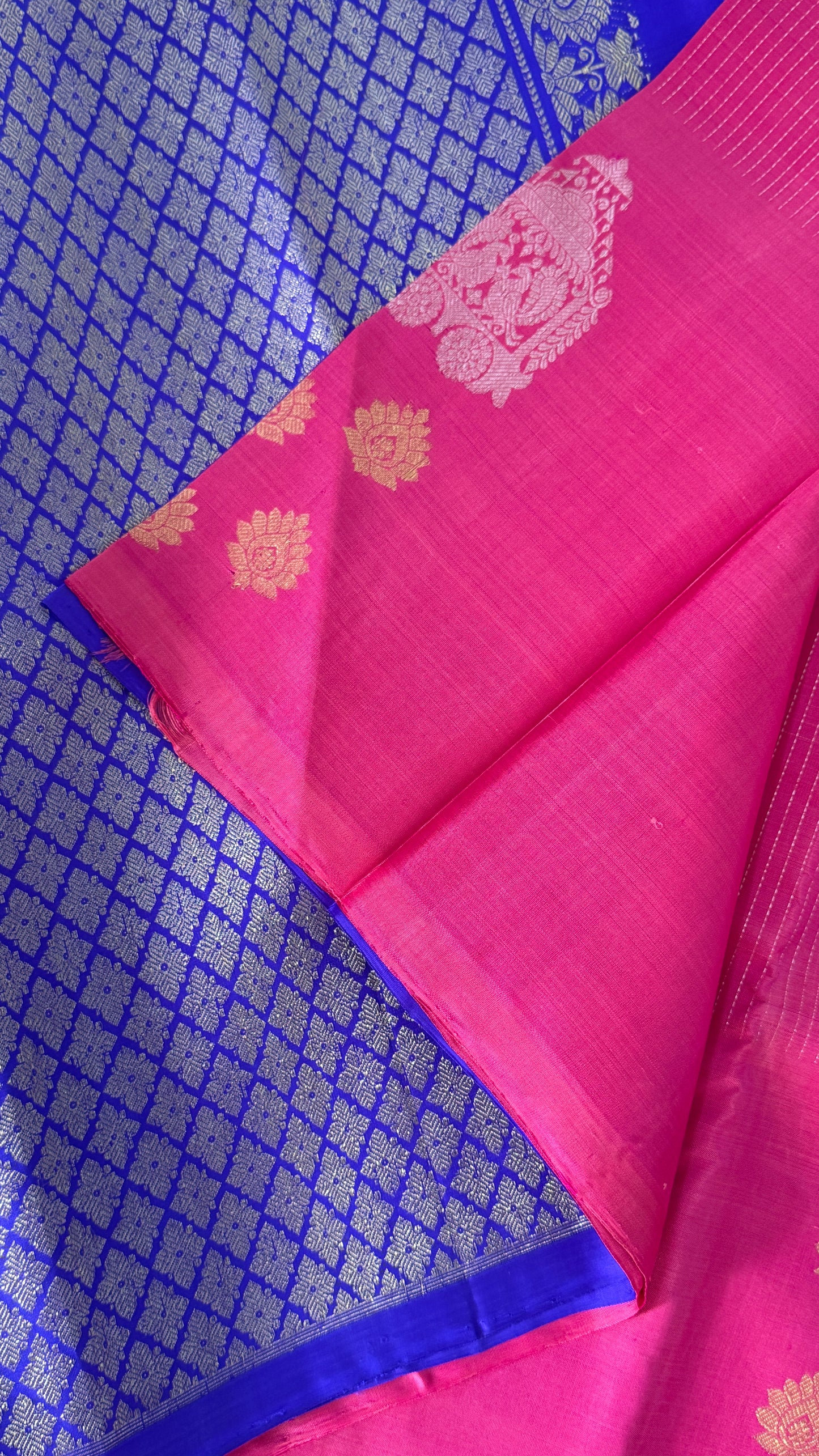 Pink Pure Kanchipuram Silk Saree with Royal Blue Contrast | Silk Mark Certified